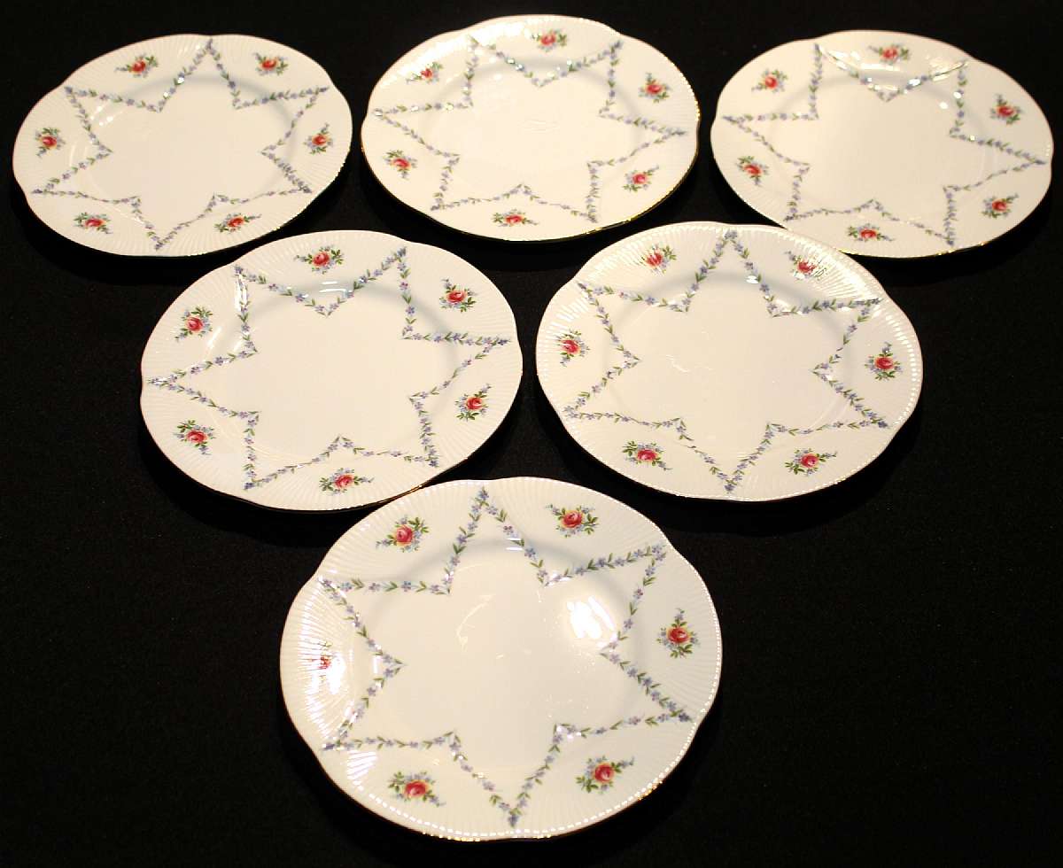 Up for sale are these Royal Albert Minuet Bone China Set Of Six Plates in excellent condition with no chips or cracks. The salad plates measure approx. 8 1/4"W.Shipping Excludes: Alaska/Hawaii, US Protectorates, APO/FPO, PO BoxShipping Provided to