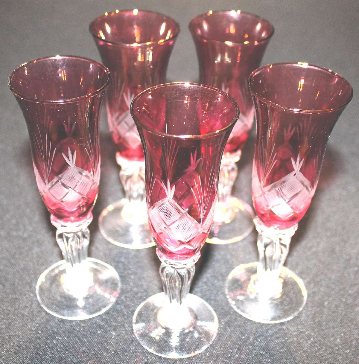 Up for sale are these Ruby Cordial Glasses Set Of Five Glasses in excellent condition with no chips or cracks. They measure approx. 5 1/2""T by 1 3/4"W. Shipping Excludes: Alaska/Hawaii, US Protectorates, APO/FPO, PO Box Shipping Provided