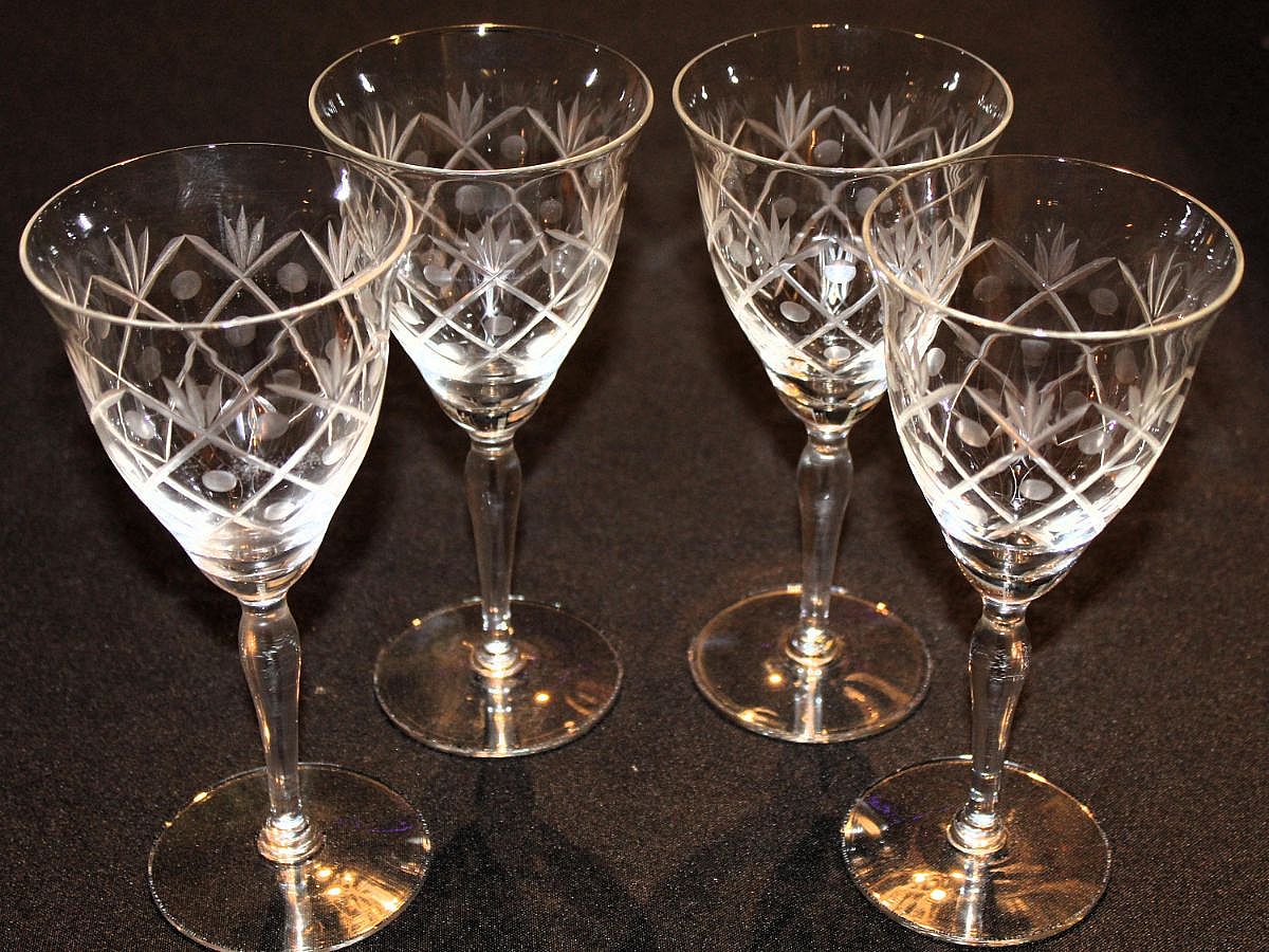 Vintage Hand Cut Crystal Wine Glasses, Criss-Cross Pattern & Fan Cut, Set Of 4